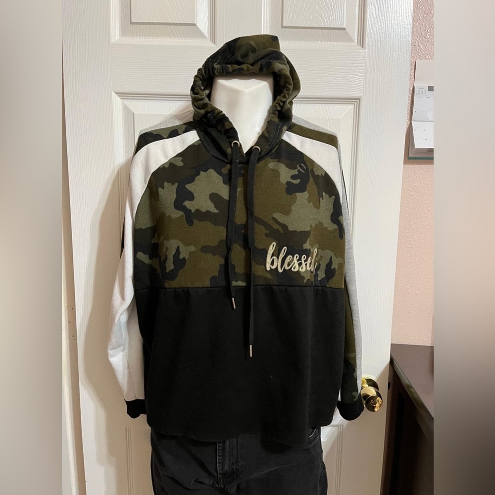 Stella Viva Green and white camo hoodie with Blessed word on the front